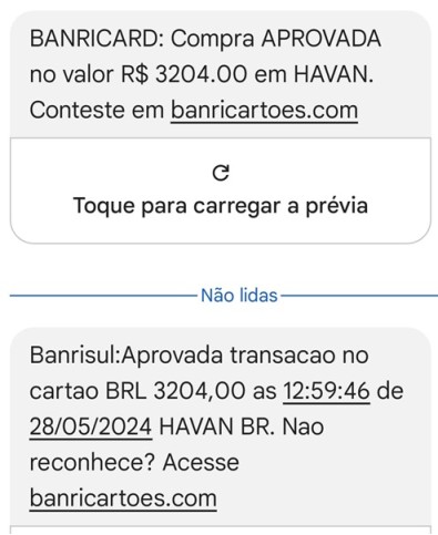 Falso SMS recebido por correntista informando compra realizada com cartão Banricard