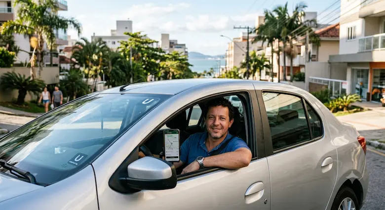 Motorista de aplicativo em frente ao carro financiado pelo programa Move Brasil